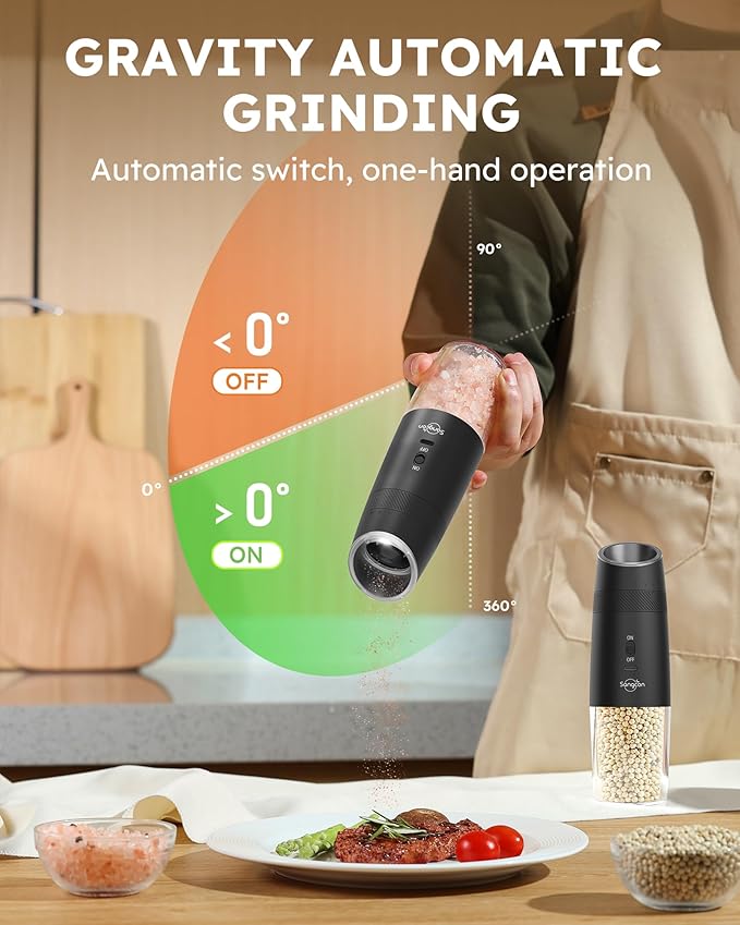 Sangcon Gravity Electric Salt and Pepper Grinder Set RECHARGEABLE Automatic Salt Pepper Shakers USB-C No Battery Needed - LED Light One Hand Operation, External Adjustable Coarseness Pepper Mill