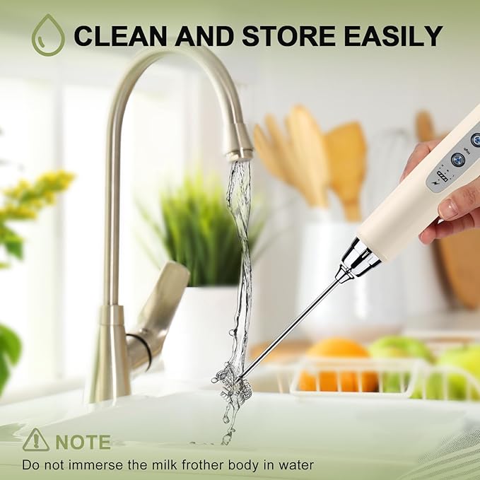 YUSWKO Beige Handheld Milk Frother Wand for Coffee, Rechargeable Electric Whisk with 3 Heads 3 Speeds Drink Mixer Coffee Frother For Latte, Cappuccino, Hot Chocolate, Egg
