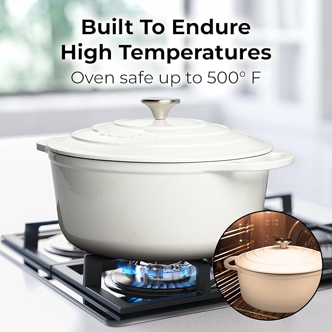 Zulay Kitchen 6 Quart Enameled Cast Iron Dutch Oven with Lid – Premium Durability & Oven Safe up to 500°F – Heavy Duty Cookware Perfect for Bread Baking, Stews, Braising & Roasting – White