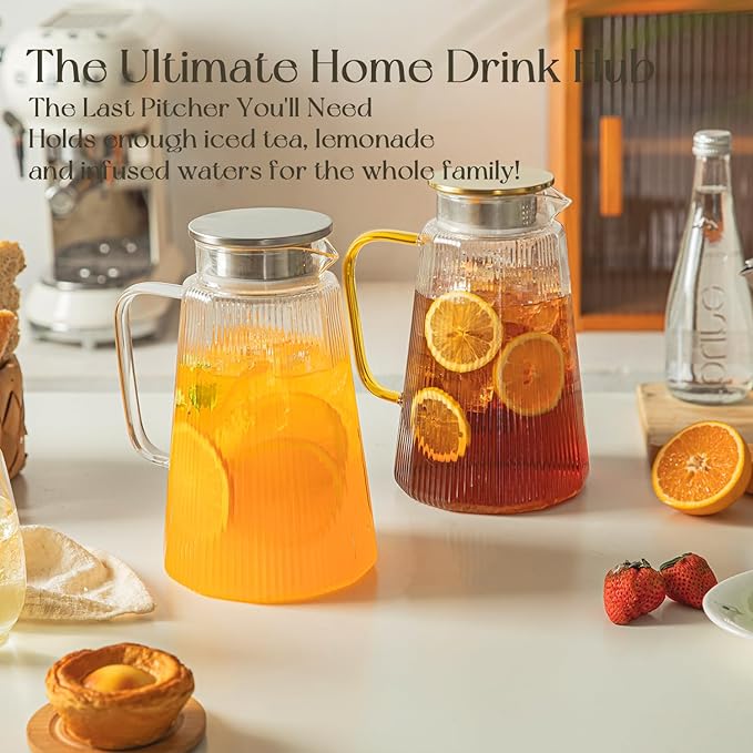 71oz Glass Pitcher with Lid, Ribbed Beverage Carafe for Hot & Cold Drinks, Water Jug with Handle for Juice, Tea, Milk, Iced Coffee – Heat Resistant Glass Serveware (1)