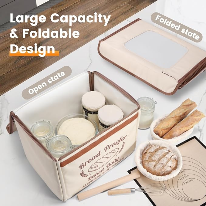 Folding Bread Proofing Box with 68-104℉ Temp Control & 48H Timer, Dough Proofer with Metal Rack, Proofing Box for Sourdough, Bread Baking, Pizza, Yogurt, Kombucha, Space-Saving & 5-Layer Fabric