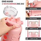 MUKOKO Half Gallon/64 oz Glass Water Bottles with Straw and Lid,Motivational Water Jug with Time Marker Reminder and Silicone Sleeve,100% Leakproof BPA Free Fitness Sports Large Bottle-Pink