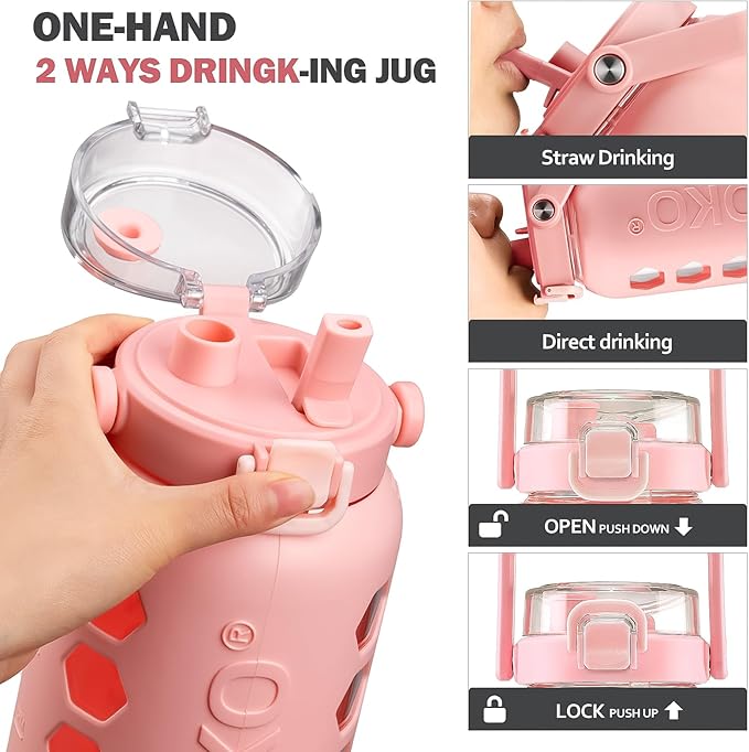 MUKOKO Half Gallon/64 oz Glass Water Bottles with Straw and Lid,Motivational Water Jug with Time Marker Reminder and Silicone Sleeve,100% Leakproof BPA Free Fitness Sports Large Bottle-Pink