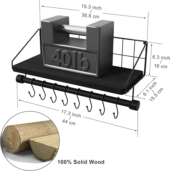 Alsonerbay Floating Shelves Wall Shelves for Bedroom, Bathroom Shelves Wall Mounted with Towel Bar, Kitchen Rustic Wood Shelf with Hooks for Hanging Cooking Utensils or Mugs