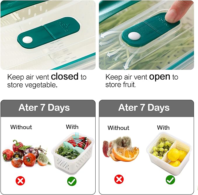 Upgraded Fresh Produce Vegetable Fruit Storage Containers，Large Fruit Containers for Fridge with Lid Vent Handle and Colander ，Keep Berry Fruit Vegetable Food Meat Fresh Longer (5)