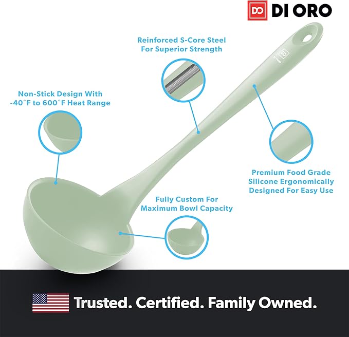 DI ORO Silicone Ladle – Soup Ladle for Cooking & Serving Heat-Resistant - Large Kitchen Soup Ladle Nonstick Cookware Safe - Soup Serving Spoon with Wide Bowl - Silicone Utensil Dishwasher Safe (Sage)
