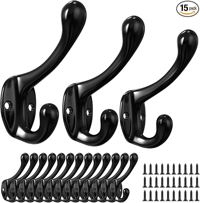 Coat Hooks, 16 Pack Black Metal Heavy Duty Screw-in Wall Hooks for Closet, Backpack, Bag, Clothes - Mounted Door Hooks for Classroom, Cubby Organization