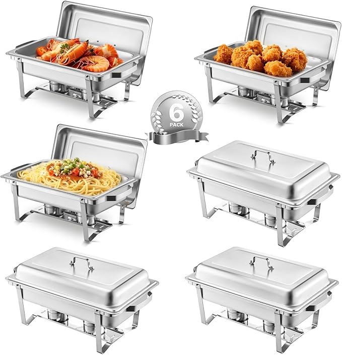 VEVOR Chafing Dish Buffet Set, 8 Qt 6 Pack, Stainless Steel Chafer with 6 Full Size Pans, Rectangle Catering Warmer Server with Lid Water Pan Stand Fuel Holder, for Weddings Parties Banquets, Silver