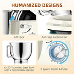Dough Mixer 8.45 QT Electric Mixer - 660W 6 Speed Large Capacity Kitchen Stand Mixer with Whisk Dough Hook Mixing Beater Household Food Mixer for Baking Cakes Cookie Bread Salad (White)