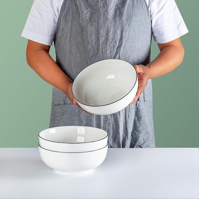 60 oz Large Soup Bowl, Pho Bowls, 8-Inch Rimmed Off-White Porcelain Bowls Set of 3, Perfect for Hearty Meals and Serving