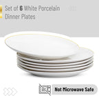 Brew To A Tea - White Porcelain Dinner Plates with Gold Rim, Set of 6, 10.5" Round, Classic Style, Solid Pattern, Durable and Easy to Clean, Not Microwave Safe