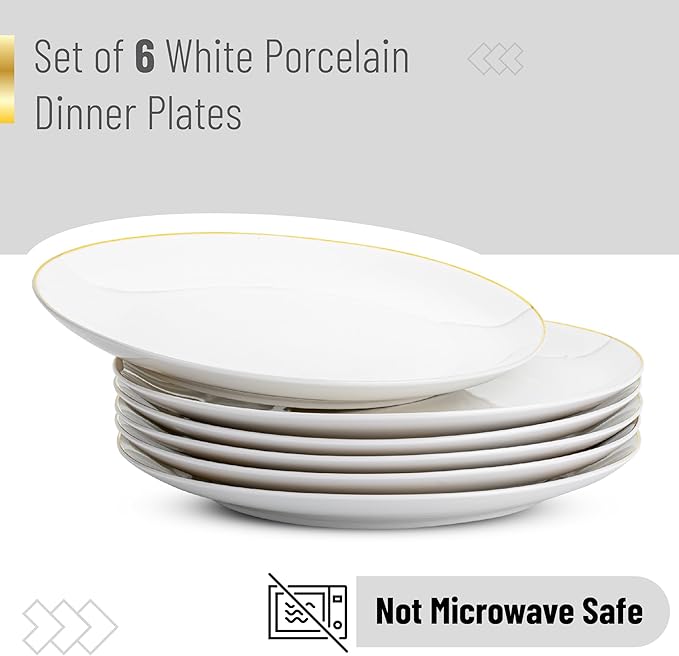 Brew To A Tea - White Porcelain Dinner Plates with Gold Rim, Set of 6, 10.5" Round, Classic Style, Solid Pattern, Durable and Easy to Clean, Not Microwave Safe