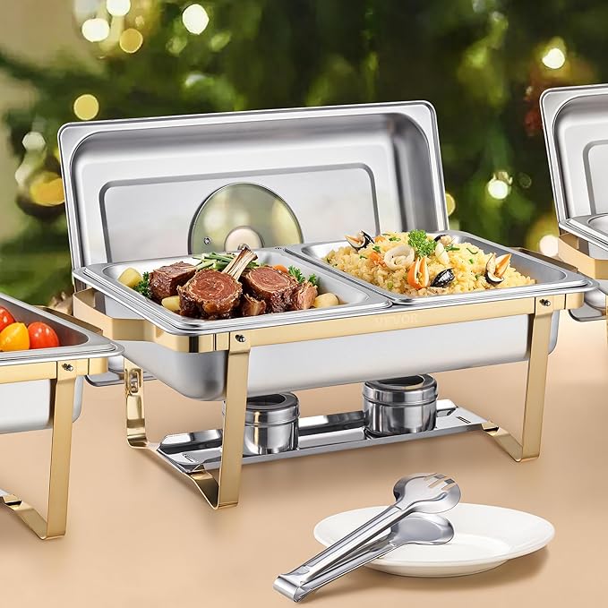 VEVOR Chafing Dish Buffet Set,8 Qt 2 Pack, Stainless Steel Chafer with 4 Half Size Pans, Rectangle Catering Warmer Server with Glass Lid Water Pan Folding Stand Fuel Holder, for Wedding Party Banquet