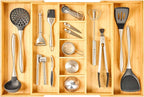 Umilife Extra Large Expandable Kitchen Drawer Organizer for Utensil and Junk, 19" Deep for Big Drawer, 17" to 28" Adjustable Bamboo Wood Drawer Divider, Cutlery Tray, Flatware Holder