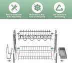 BOOSINY 2 Tier Dish Drying Rack and Drainboard Set, Large Stainless Steel Dish Drainers for Kitchen Counter, Plates Strainer Shelf with Cup Holder（Sliver）