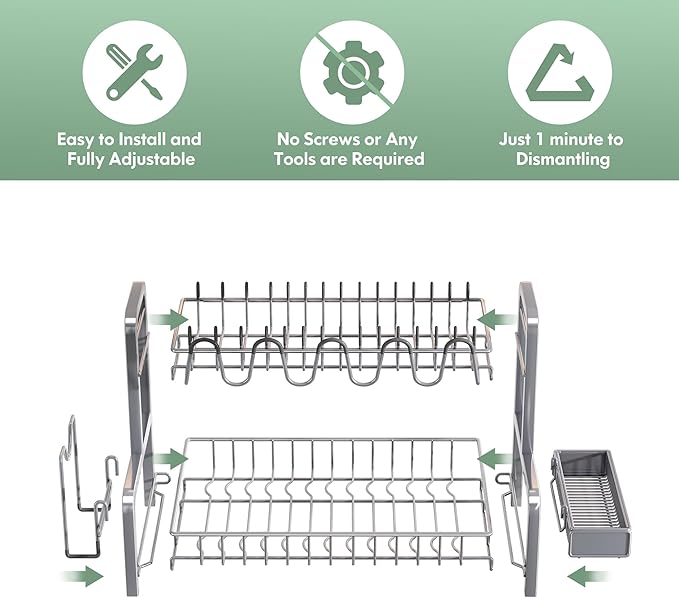 BOOSINY 2 Tier Dish Drying Rack and Drainboard Set, Large Stainless Steel Dish Drainers for Kitchen Counter, Plates Strainer Shelf with Cup Holder（Sliver）