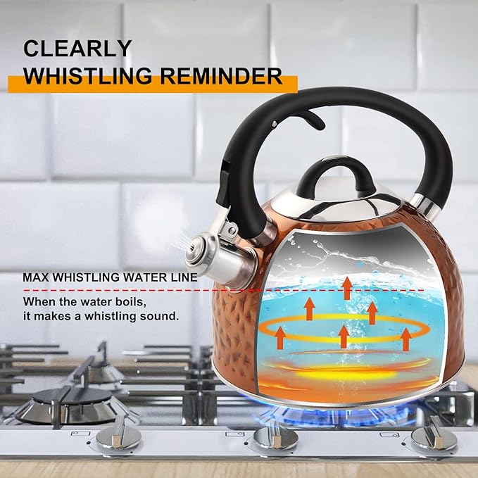 Copper Tea Kettle Stainless Steel Teapot Whistling Kettle Unique Button Control Kettle Outlet Loud Whistle Food Grade Teapot 3.2 Quart / 3 Liter Bronze
