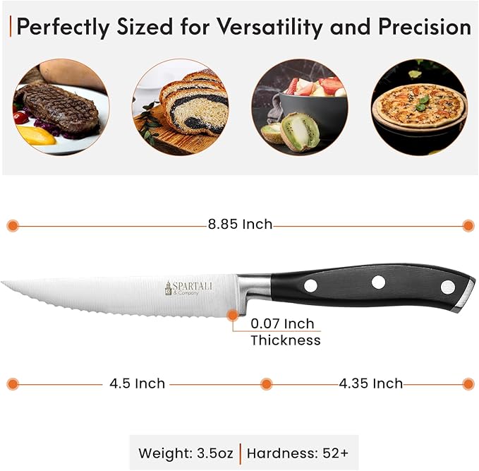 Spartali & Company Premium 4.5-Inch Steak Knife Set of 4 – Serrated Stainless Steel Blades with Ergonomic Handles – Razor-Sharp Cutlery for Effortless Meat Slicing – Dishwasher Safe, Rust-Resistant.