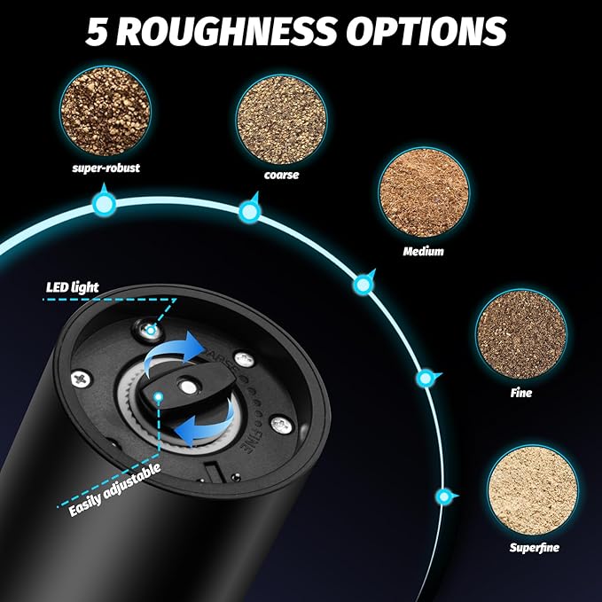 Electric Salt and Pepper Grinder Set Rechargeable with Easy to Carry Charging Base and LED Light, Adjustable Coarseness, Greater Capacity, USB for Kitchen, Restaurant