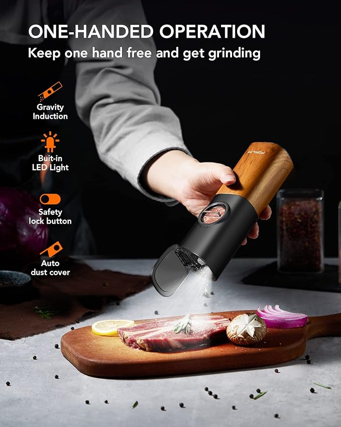 FORLIM Gravity Electric Salt and Pepper Grinder Set, Upgraded Large Capacity, USB Rechargeable Pepper grinder Automatic One Hand Operated, Adjustable Coarseness with LED Light（Natural Wood Grain）