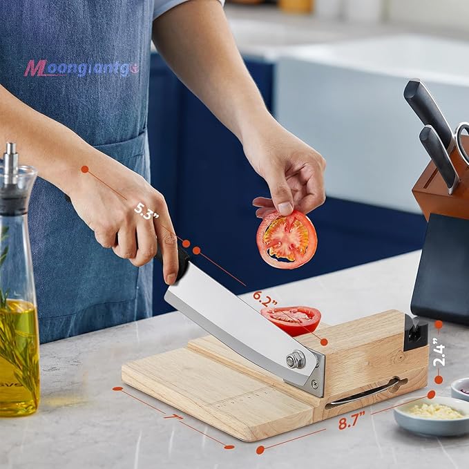 Moongiantgo Biltong Slicer Jerky Slicer Cutter with Built-in Knife Sharpener Detachable Knife Rubber Wood Base for Beef Jerky Deli Delicatessen Bacon Hard Fruits Vegetables Herb Ginseng Pastry