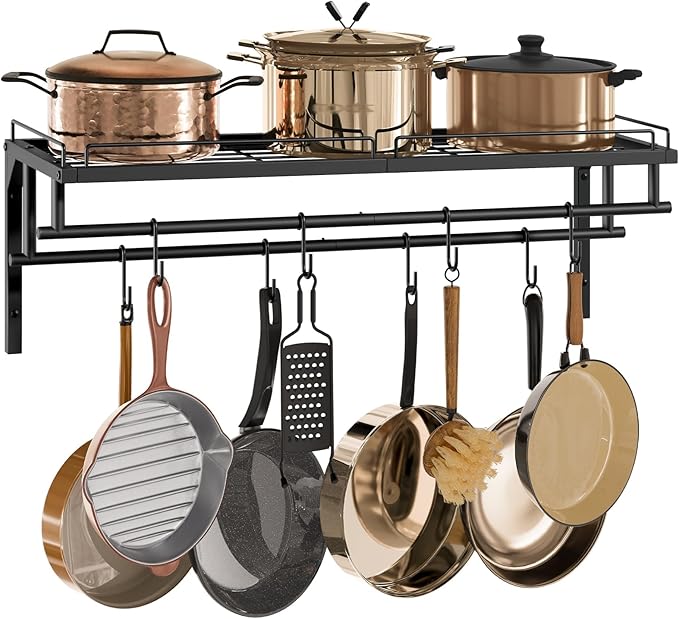 Hanging Pot Rack, Wall-Mounted Pot Rack, Kitchen Cookware Organizer, Metal Pot Rack Holder, for Cookware, Utensils Organization, Black TPR38BB