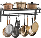 Hanging Pot Rack, Wall-Mounted Pot Rack, Kitchen Cookware Organizer, Metal Pot Rack Holder, for Cookware, Utensils Organization, Black TPR38BB