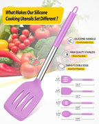 Pack of 4 Silicone Cooking Utensils Set, Non Stick Large Solid Spatulas, Heat Resistant Purple Slotted Spoons, Ideal BPA Free Kitchen Turners for Frying, Mixing,Serving,Draining,Turning,Stirring