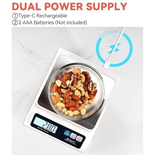 BOMATA 0.1g/ 13lb Food Scale, USB Rechargeable, Digital Kitchen Scale with Removable Stainless Steel Pan, Backlit LCD Display, for Cooking, Baking B621 White
