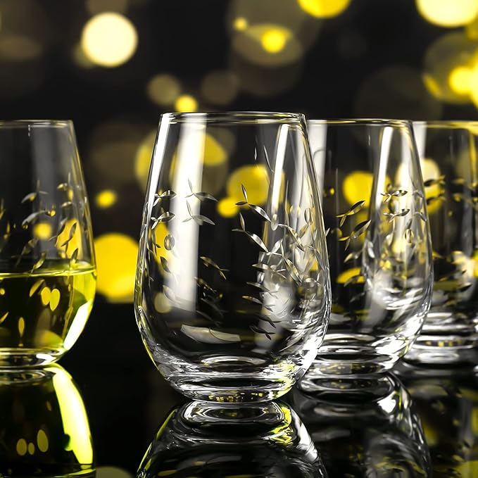 SHOSHIN Stemless Wine Glass, 18Oz Wine Glasses Set of 4, Hand Cut Premium Unique Wine Glasses, Crystal Wine Glass for Red and White Wine, Handmade Gifts for Women, Men and Friends