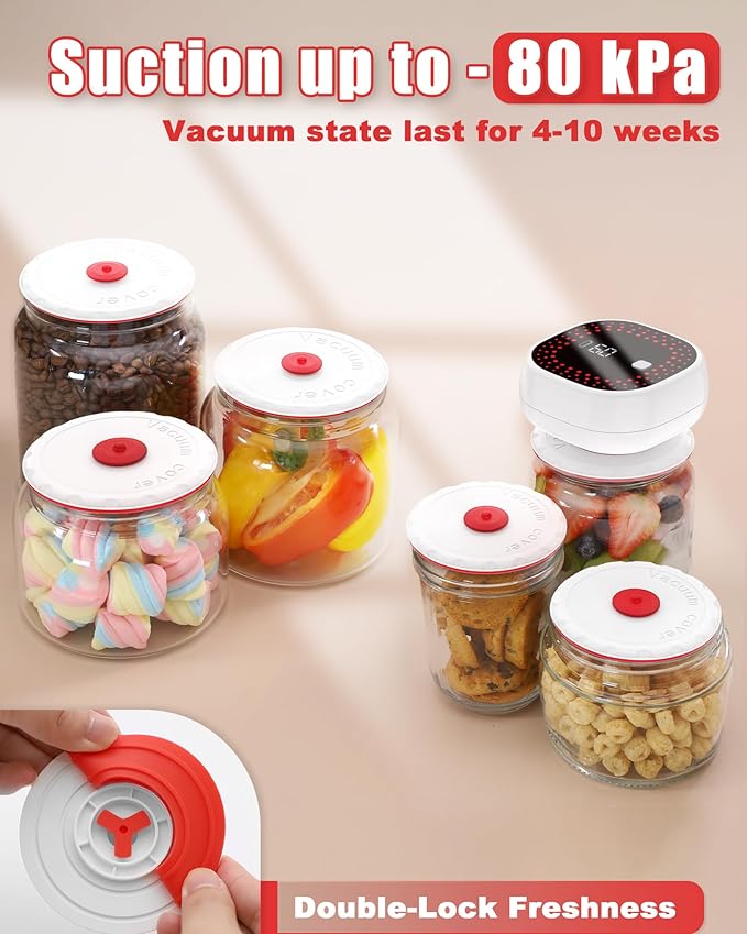 Electric Mason Jar Vacuum Sealer Kit - Auto-Stop with Digital Display, 60kPa Ultra Strong Suction for Wide/Regular Mouth Jars, Preserve Freshness 12X Longer (Includes 6 Lids & Bag Adapters)