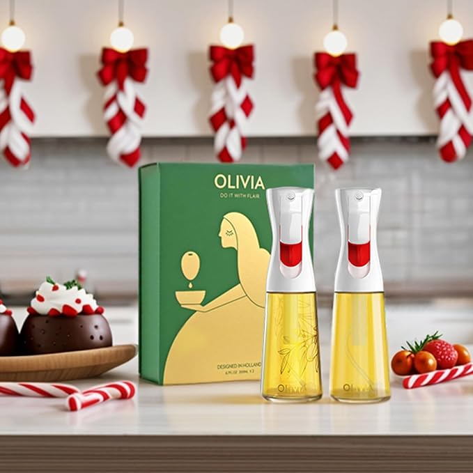 FLAIROSOL OLIVIA Oil Sprayer for Cooking, 2 Pack 200ML Glass Olive Oil Sprayer, Continuous Cooking Spray Dispenser with Portion Control for Kitchen Air Fryer, Salad, BBQ, White