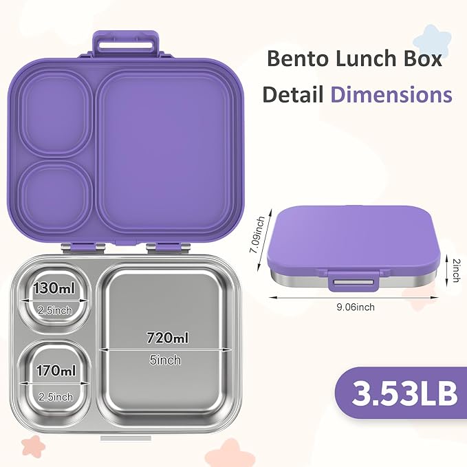 Stainless Steel Bento Box Kids, Leak Proof Metal Bento Lunch Box,3 Compartments 304 Stainless Steel Bento Lunch Containers for School and Office,Dishwasher Safe, BPA-Free(Purple)