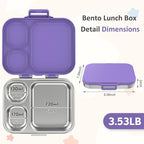 Stainless Steel Bento Box Kids, Leak Proof Metal Bento Lunch Box,3 Compartments 304 Stainless Steel Bento Lunch Containers for School and Office,Dishwasher Safe, BPA-Free(Purple)