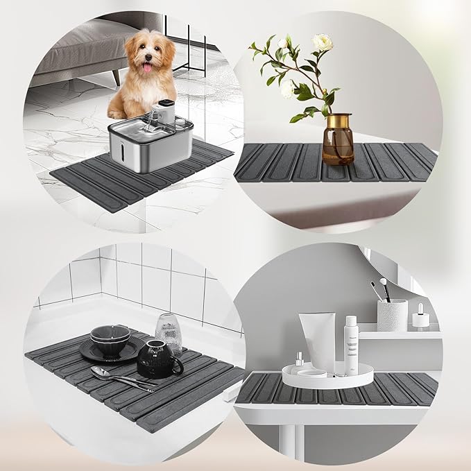 Hopegiver Dark Gray Stone Drying Mat for Kitchen Counter, 23.62"x15.35" Engraved Design Quick Dry Stone Mat, Super Absorbent Diatomaceous Earth Dish Drying Mat for Kitchen Bathroom, with Sanding Tools