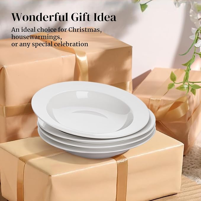 DOWAN Soup and Pasta Bowls Set of 4, White Porcelain Wide Rim Salad Plates, 20 Ounces, Microwave & Dishwasher Safe