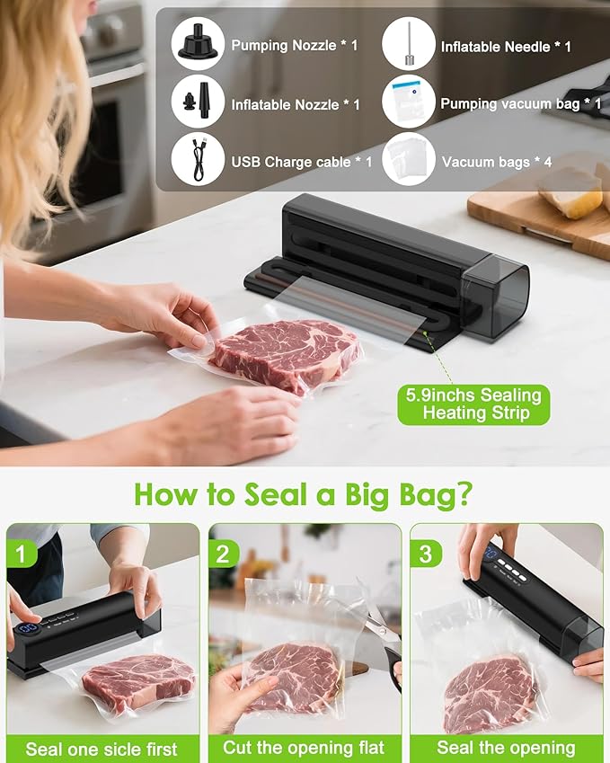 Small Magnetic Vacuum Sealer for Food, 62 Kpa Strong Suction, 3-in-1 Cordless Rechargeable Food Sealer with 1 Vacuum Bag & 4 Snack Bags, Heat Sealer, Inflation Pump for Balls/Swim Ring - Black