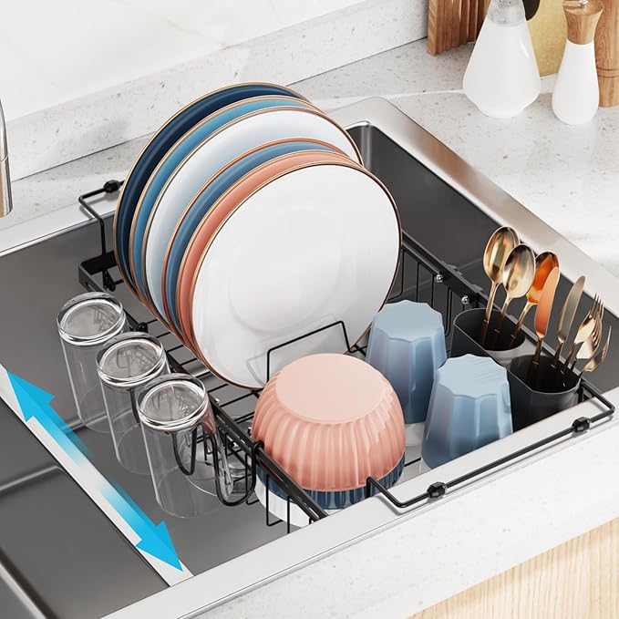 iSPECLE in Sink Dish Drying Rack - Capacity Expandable Dish Rack with 2 Cup Holder, Dish Drainer for Kitchen Sink Counter with Utensil Holder Large Capacity, Black