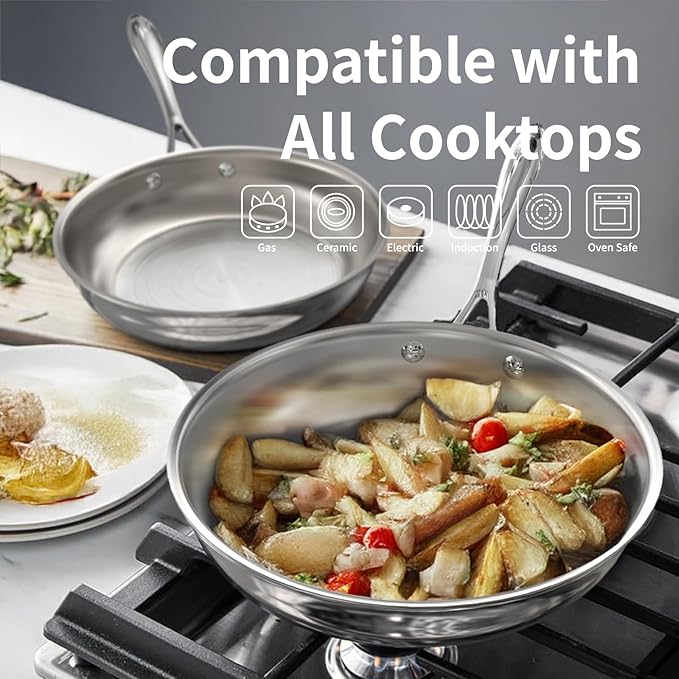 10 Inch Stainless Steel Frying Pan, 5-Ply Stainless Steel Pan, Dishwasher and Oven Safe, Induction Pan, Even Heat Distribution