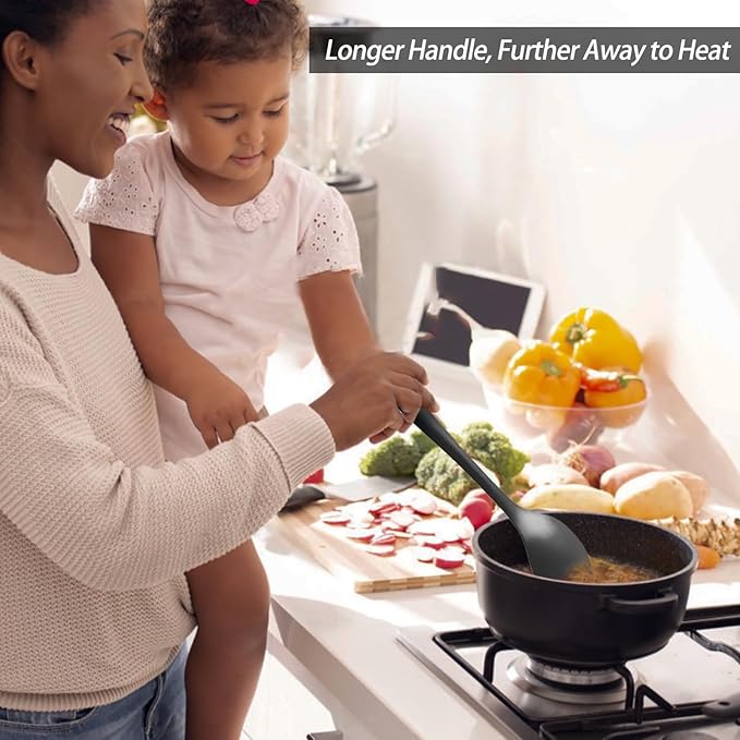 Silicone Spoons for Cooking - Extra Large Kitchen Spoons for Mixing, Serving, & Stirring - 600°F Heat-Resistant Non Stick Utensils Ladle & Skimmer- Dishwasher Safe, Black