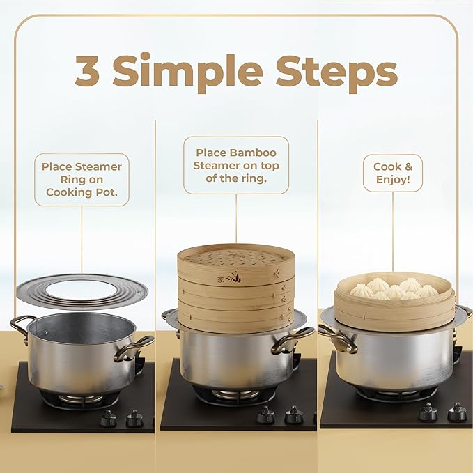 Prime Home Direct Stainless Steel Steamer Ring | Fits 7 to 12-Inch Bamboo Steamer Basket | Steaming Ring for Asian Chinese Wok, Food, Dumpling, Dim Sum, Steam Pot Accessories Metal Cooking Rim Adapter