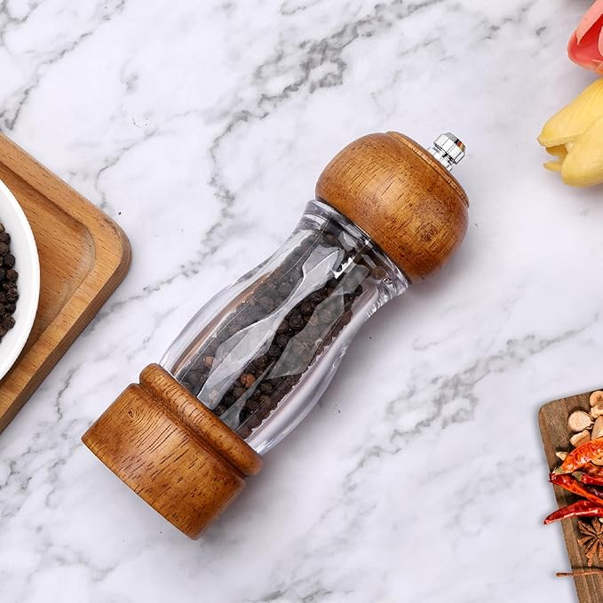 Vintage Wooden Pepper Mill Grinder- 6.3 inches Acrylic Salt & Pepper Shakers with Adjustable Coarseness, Refillable Manual Ceramic Core Grinder for Kitchen, Home, Gift