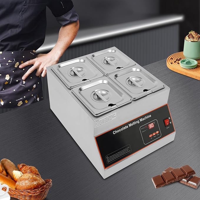 500W Electric Melting Pot for Chocolate w/Digital Display Control,Commercial Chocolate Warmer Melting Pot Chocolate Melter Pot Machine for Home or Bakery Use 4 Tanks for 26.46lb of Tempered Chocolate