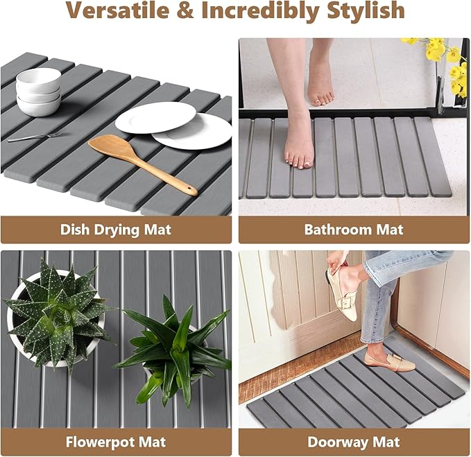 Large Stone Drying Mat for Kitchen Counter, 24"(L)×16"(W), Foldable Diatomaceous Earth Mat, Fast Drying & Absorbent Pad for Dishes, Bottles, Cups, Bathroom & Any Countertop (Gray)