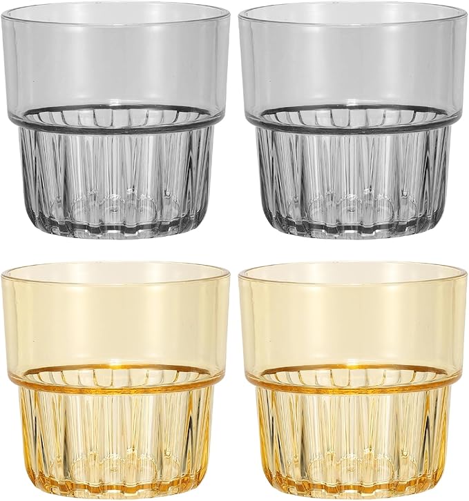 uxcell Clear Plastic Reusable Drinking Glasses, 6.8oz Drinking Glasses Set Plastic Water Cup Unbreakable Stackable for Beer Cocktail Water Juice Whiskey(Gray/Yellow, 4Pcs)