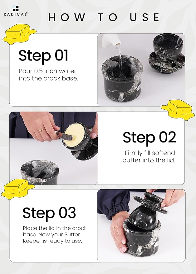 Radicaln Marble Butter keeper 4.25" Inches Black Zebra Handmade French Butter Container For kitchen decor Ideal Butter Dish With Lid For Countertop Butter Crock For Counter With Water