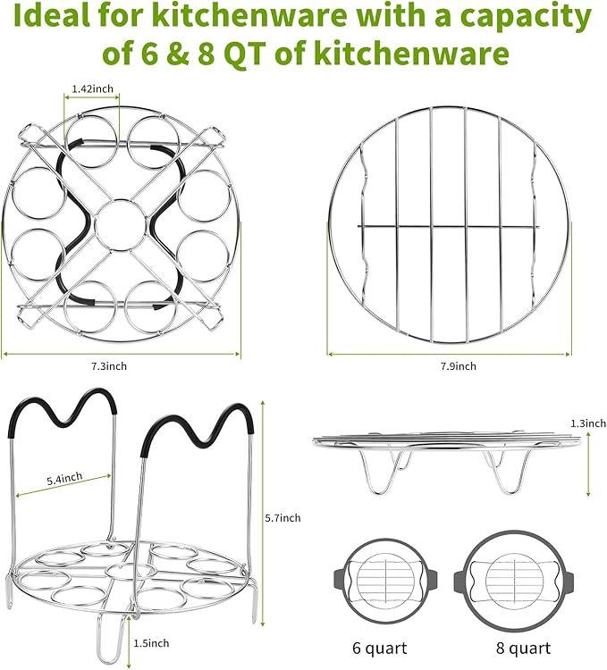 Steamer Cooling Rack Trivet Accessory Set, Include 9-holes Egg Steamer Cooking Rack with Heat Resistant Silicon Handles & Compatible for 6, 8 Quart Pressure Cooker Trivet, Instant Pot Accessories