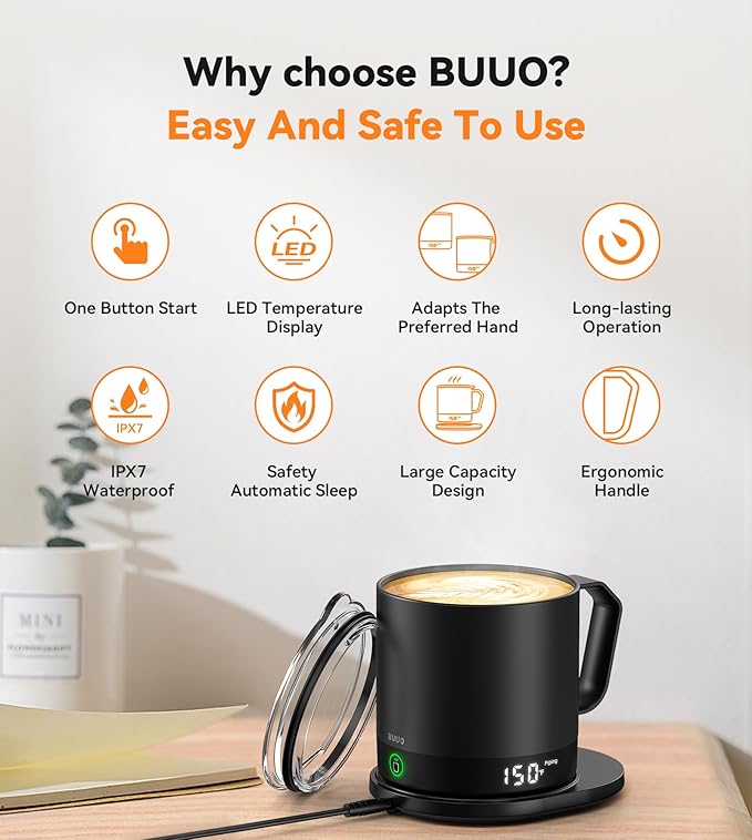 Heated Coffee Mug Rechargeable - Temperature Control Self Heating Coffee Mug 14oz with Lid, Double Sided & Real-Time LED Display, Hot up to 150℉, Birthday Gifts for Women and Men(Black)