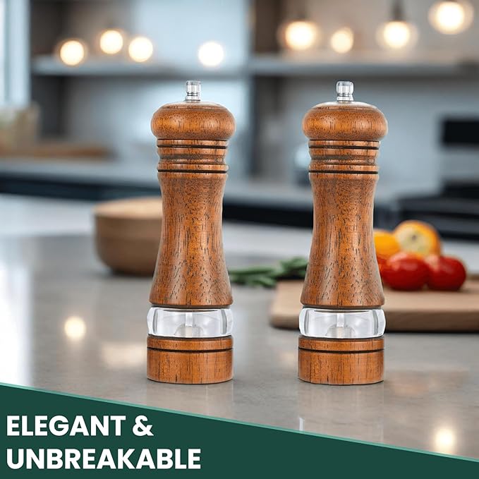 2-Piece Salt and Pepper Grinder Set, 6.5 Inch Wooden Salt and Pepper Mills with Adjustable Coarseness, Refillable Manual Pepper Mill Grinder for Home Cooks (Brown)
