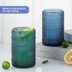 MOLIGOU 6 Pcs Embossed Drinking Glasses, 15oz Vintage Highball Glasses, Beaded Glass Drinking Cups (Blue)